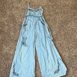 Stitch + Feather Blue Embroidered Jumpsuit